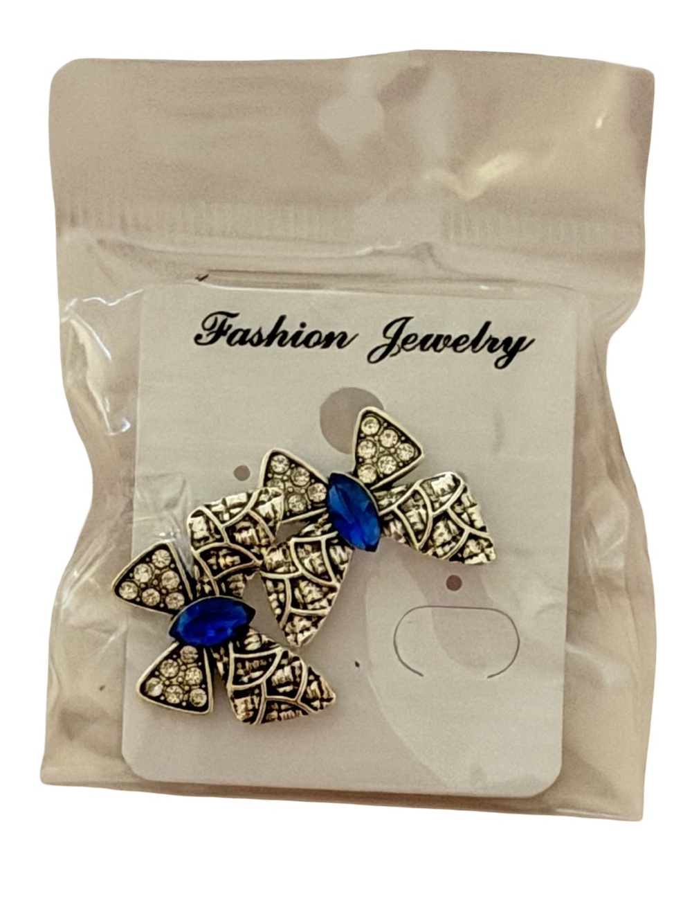 Vintage Style Blue Crystal Bow Stud Earrings Silver Tone